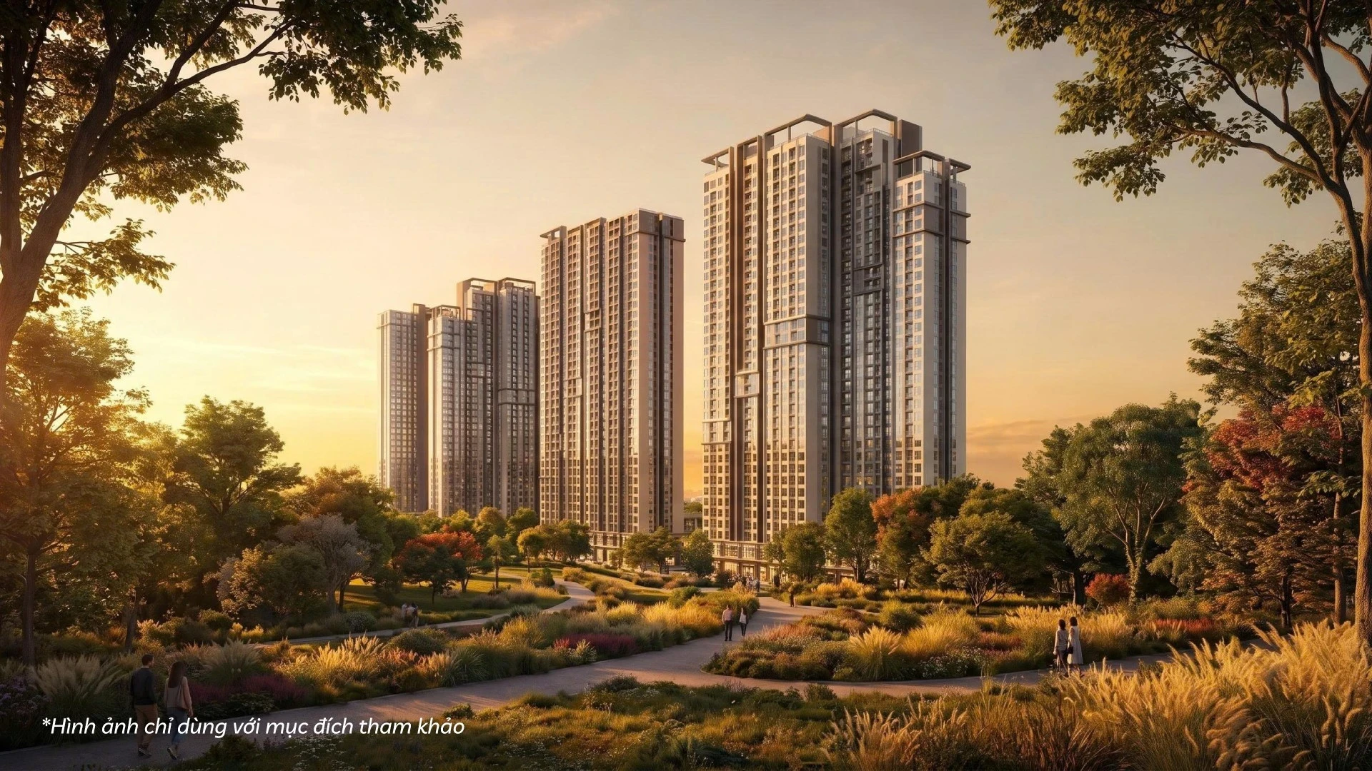 Phối cảnh các tòa căn hộ và công viên cây xanh trong ánh nắng chiều tại phân khu Zone A dự án The CityOn.