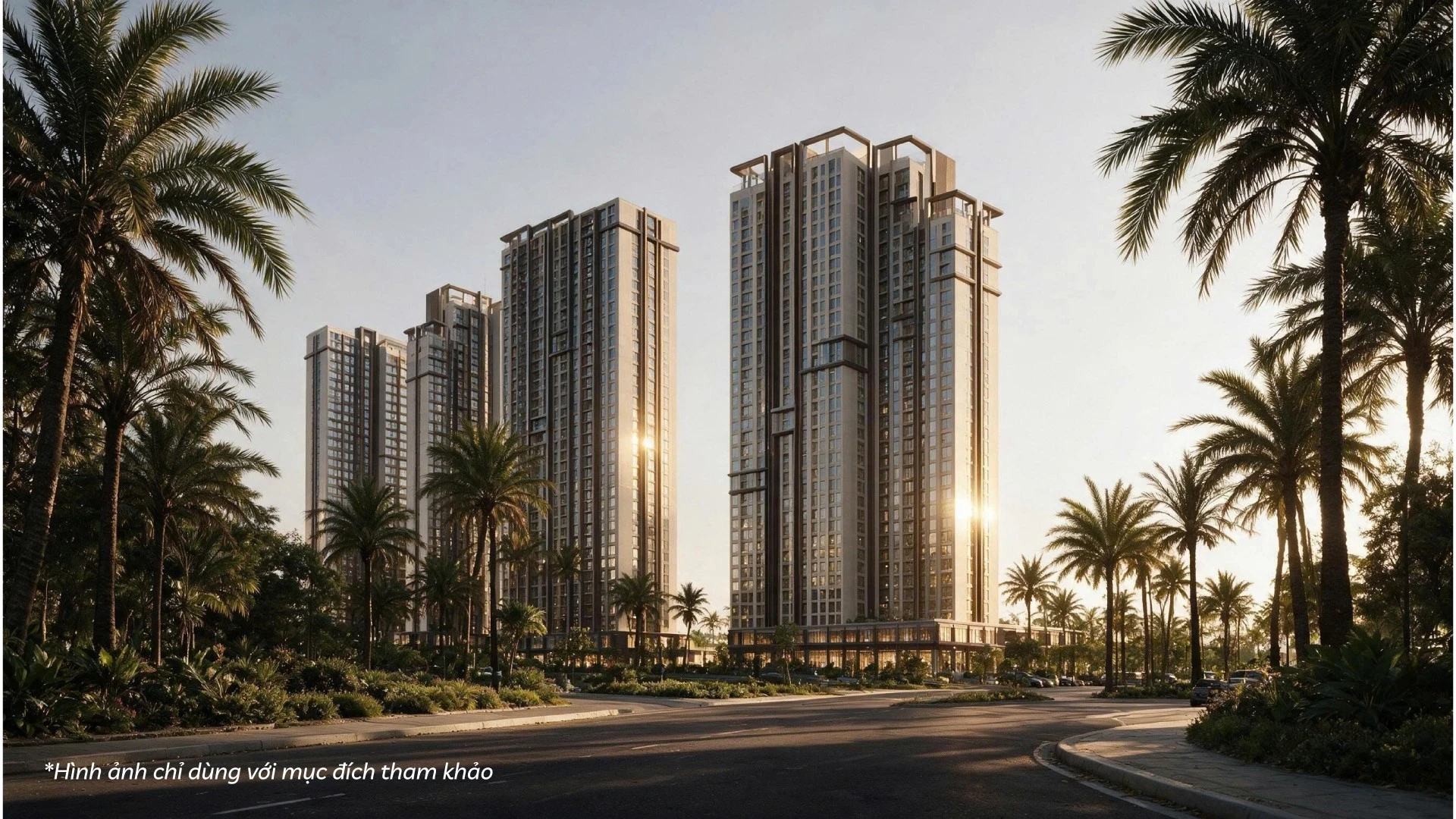 Phối cảnh đường nội khu, hàng cây và cụm tòa căn hộ Zone A tại phân khu Zone A dự án The CityOn.