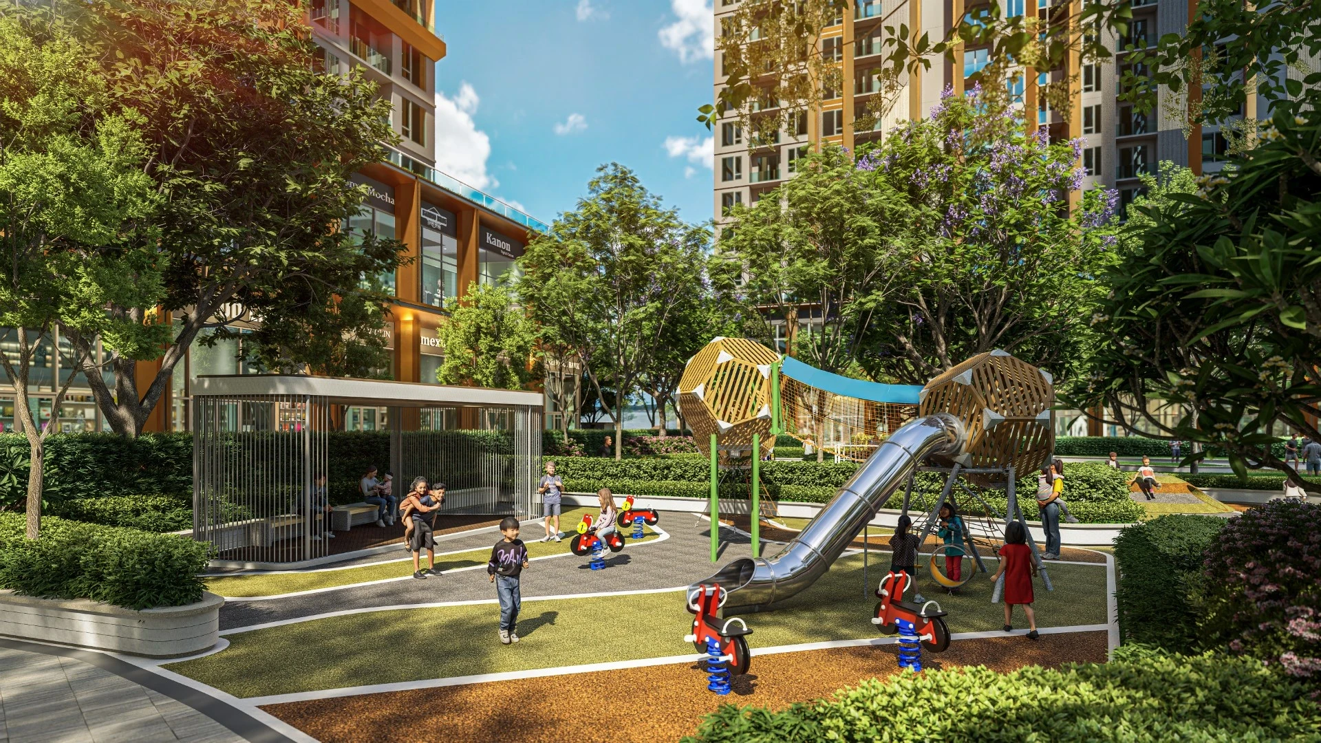 Khu vui chơi trẻ em với cầu trượt trong không gian cảnh quan Zone A tại phân khu Zone A dự án The CityOn.