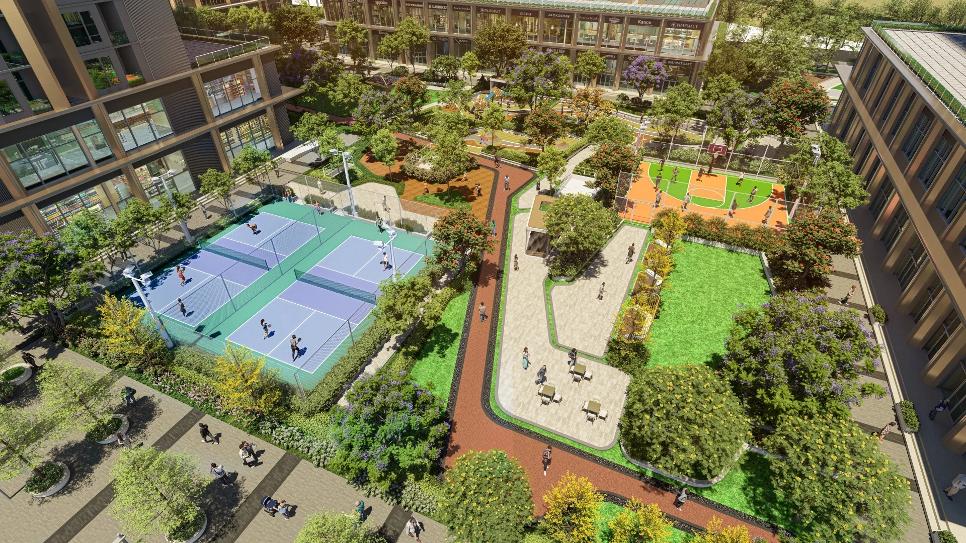 Phối cảnh sân thể thao ngoài trời và vườn cây vào ban ngày tại Zone A trong tổng thể dự án The CityOn, khu vực tòa A2.