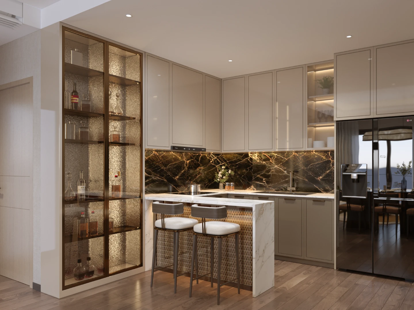 Ảnh 10: Bếp căn 3 phòng ngủ The Parkland với hệ tủ lớn và bàn đảo tạo điểm nhấn.