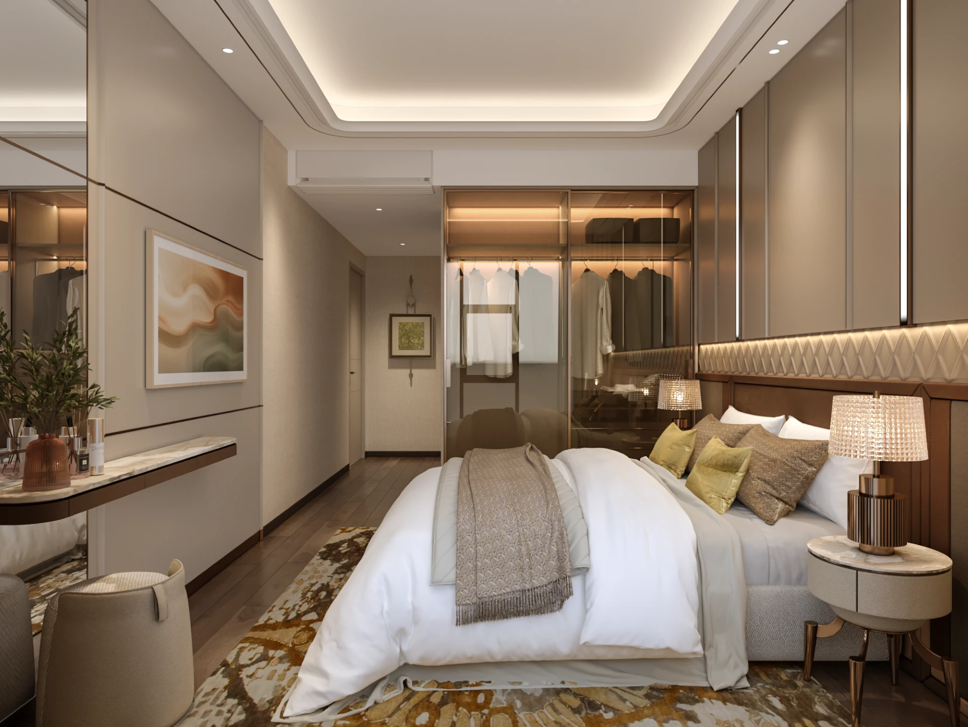 Ảnh 11: Phòng ngủ căn 3 phòng ngủ The Parkland với hệ tủ liền tường và ánh sáng gián tiếp.