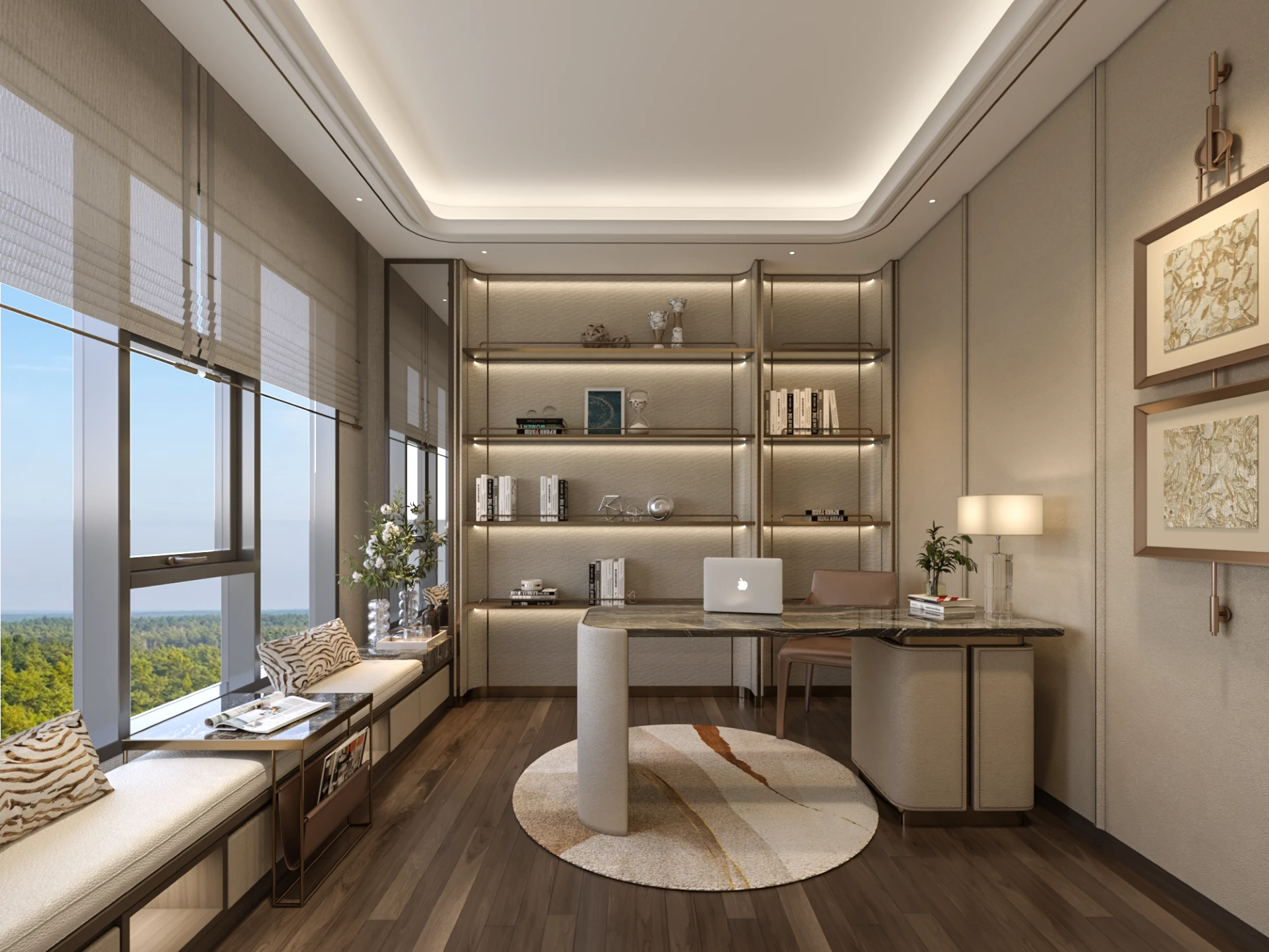 Ảnh 12: Phòng làm việc căn 3 phòng ngủ được bố trí cạnh cửa sổ và có hệ tủ lưu trữ.