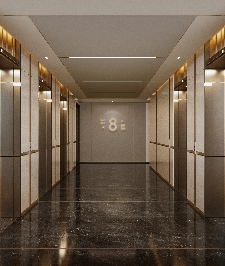 Ảnh 4: Hành lang tầng căn hộ The Parkland với bố cục đối xứng và hệ chiếu sáng định hướng.
