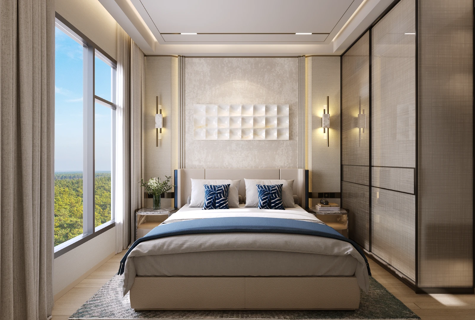 Ảnh 7: Phòng ngủ chính căn 2 phòng ngủ The Parkland với bảng màu trung tính và ánh sáng ấm.